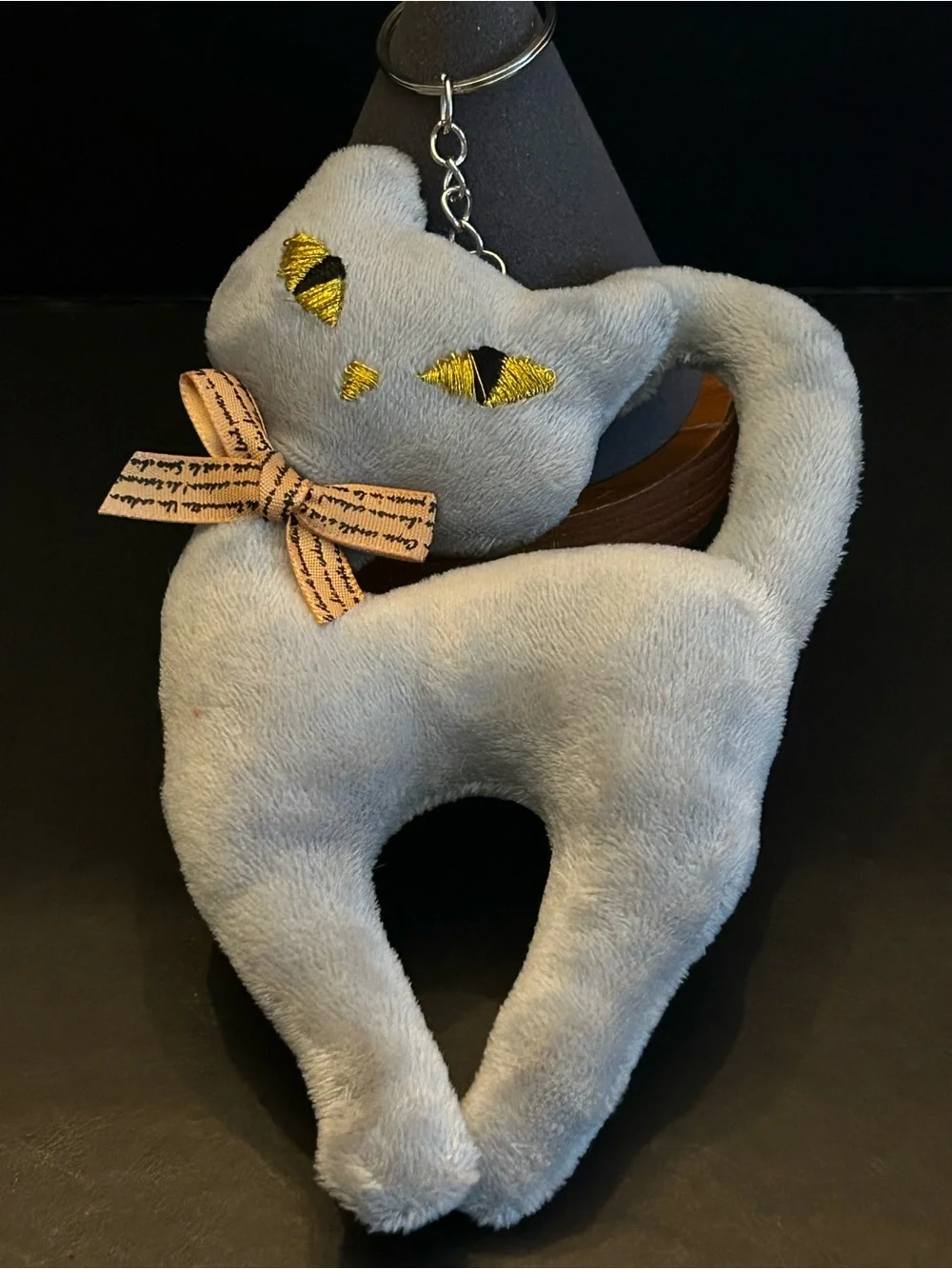 Plush Cat 🐈‍⬛ Bag Charm Keychain Card Holder with Yellow Eyes and Orange Bow